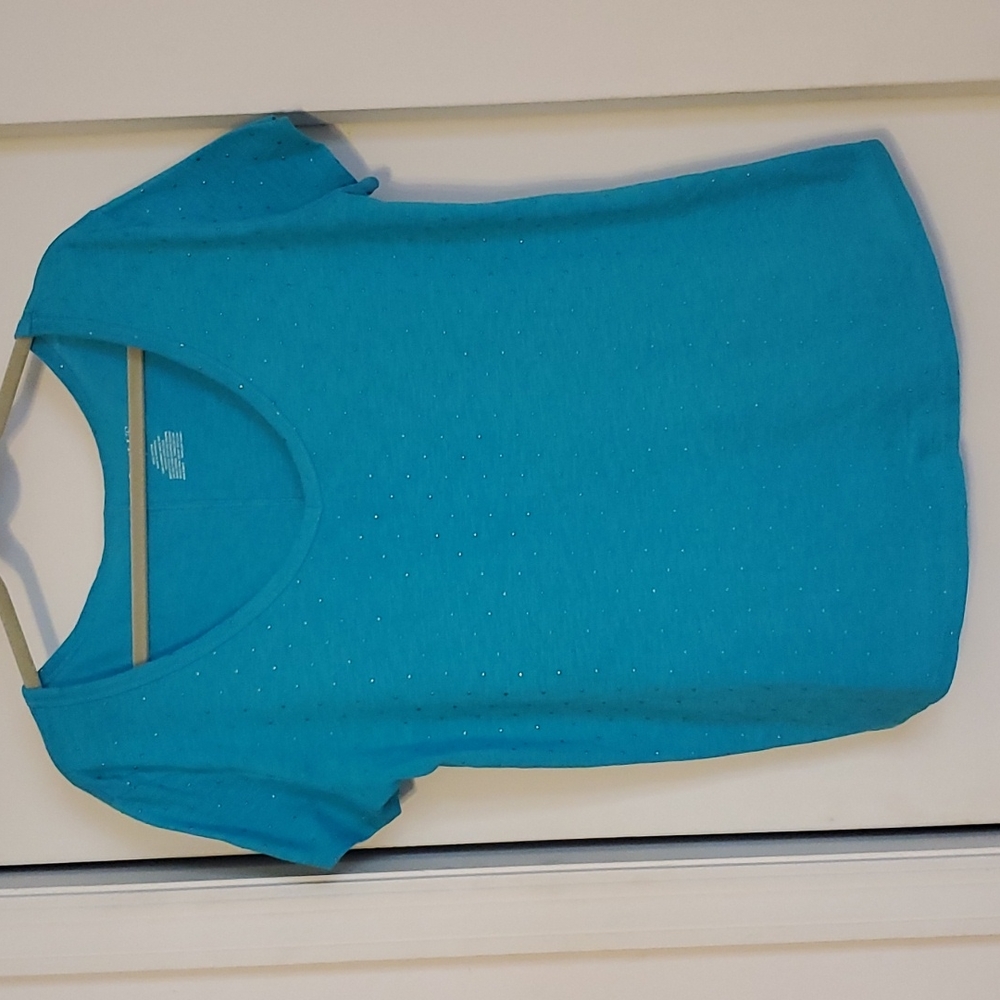 Stylus Womens Turquoise Silver Dots Short Sleeve top Size Large